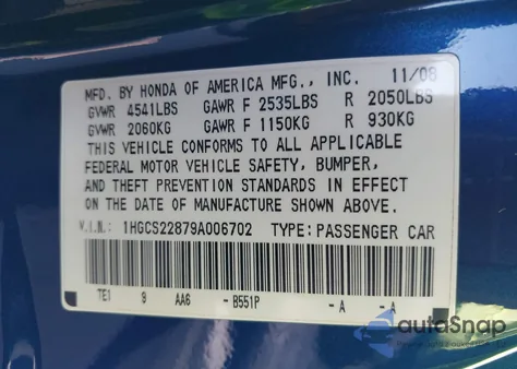 2009 Honda Accord 3.5 Ex-L from USA, damaged, VIN 1HGCS22879A006702